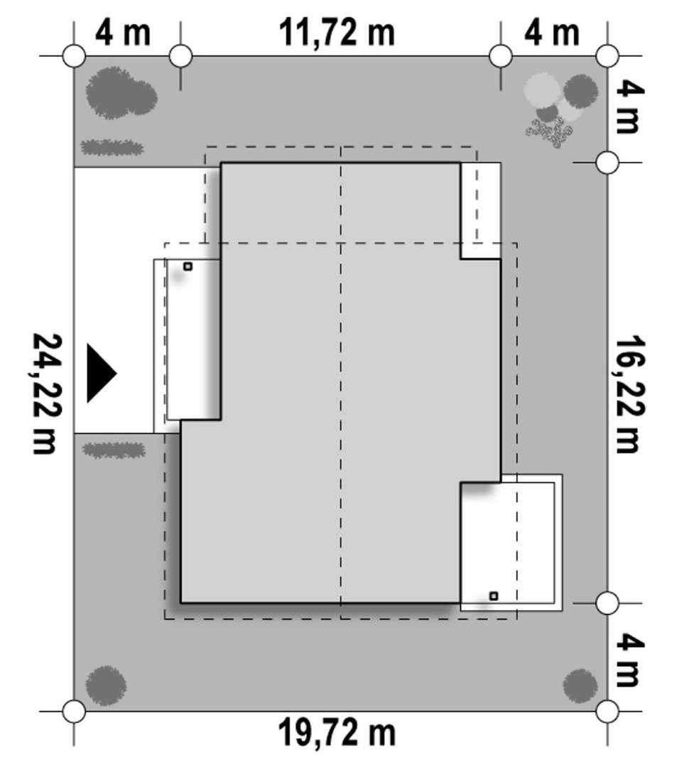 Plan amplasament Casă parter 107 mp utili, 3 dormitoare, o baie