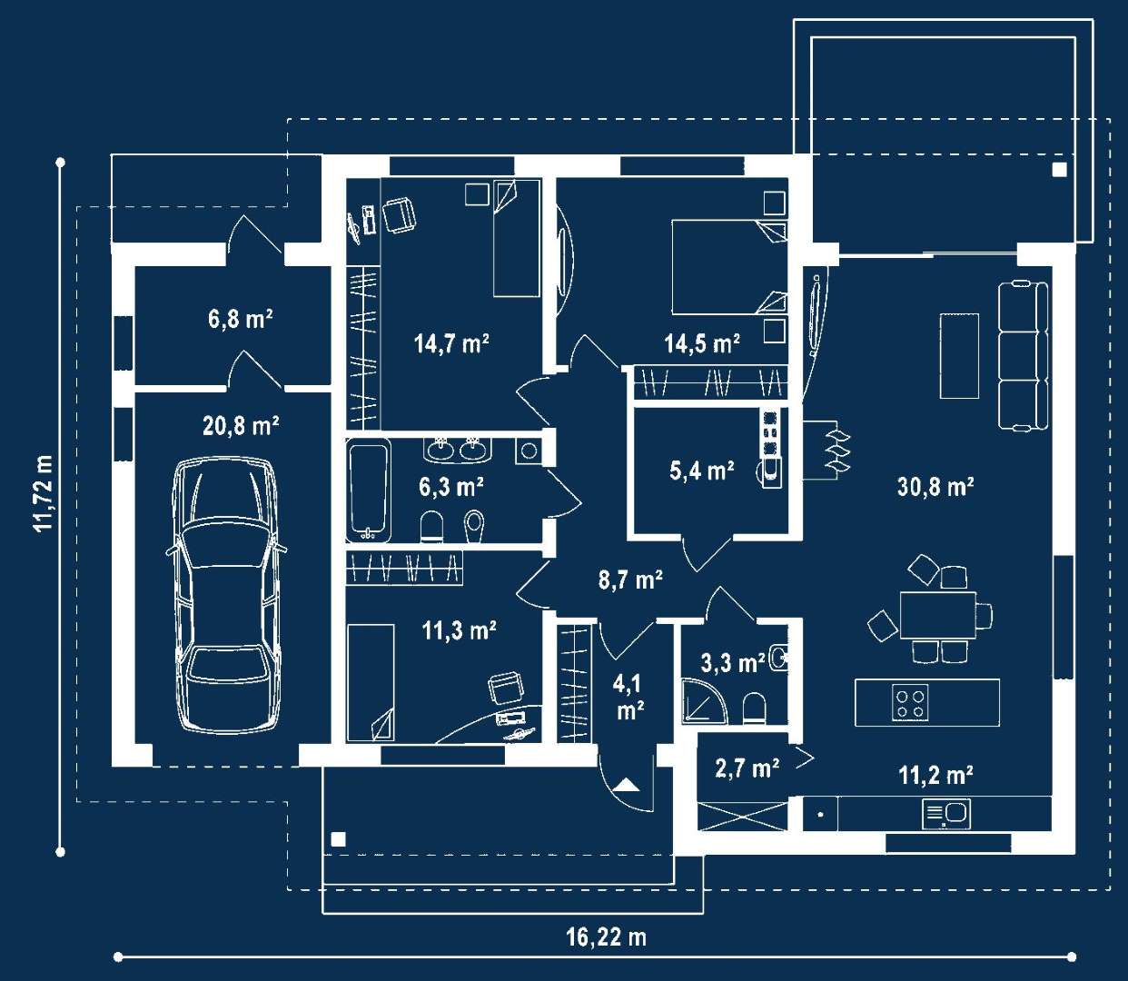 Plan parter Casă parter 107 mp utili, 3 dormitoare, o baie