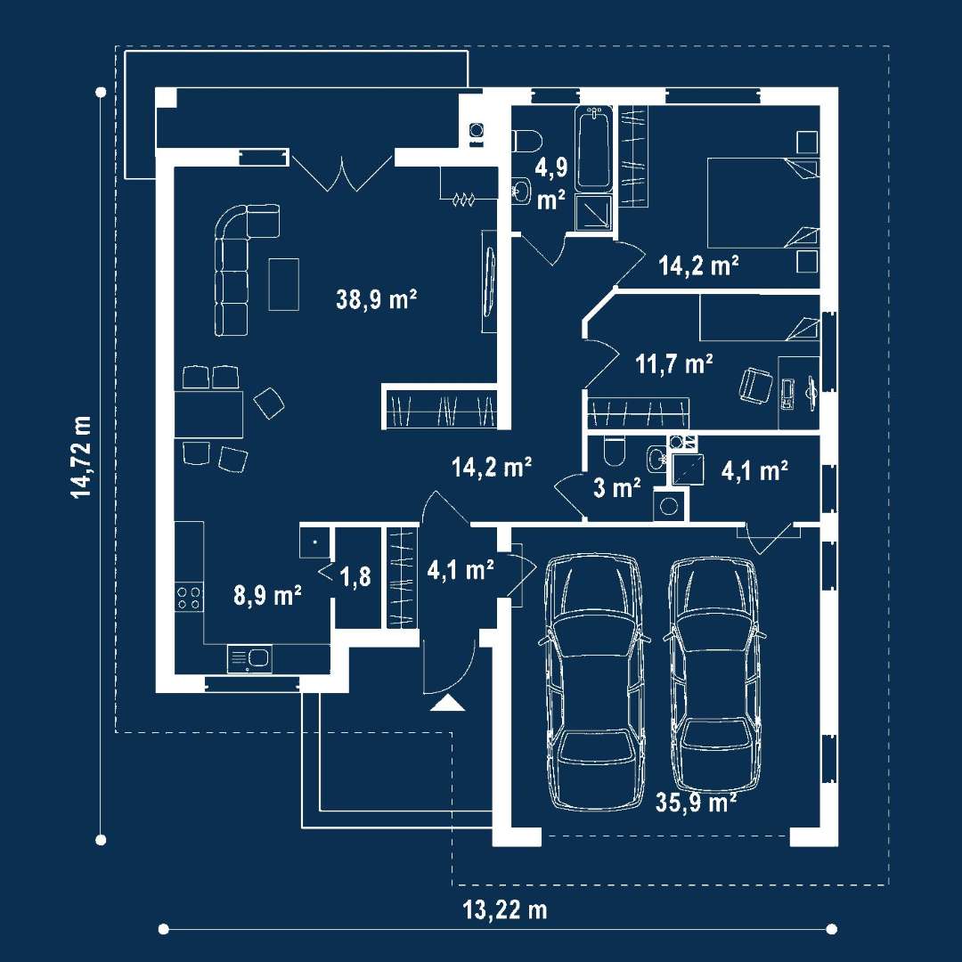 Plan parter Casă parter 101 mp utili, 2 dormitoare, o baie