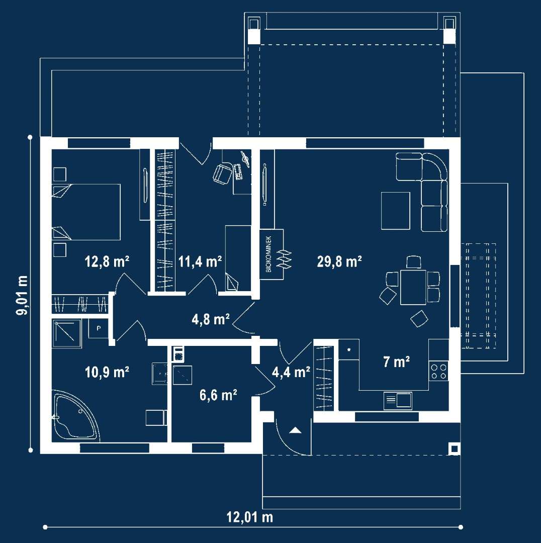 Plan parter Casă parter 81 mp utili, 2 dormitoare, o baie