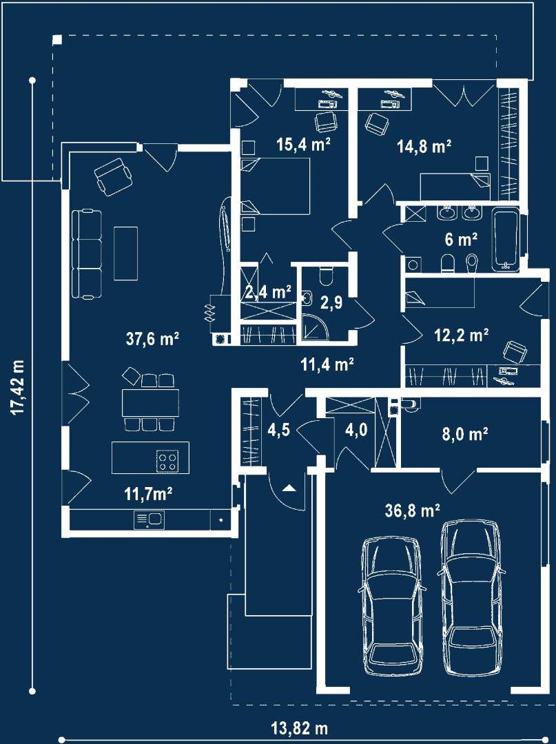Plan parter Casă parter 122 mp utili, 3 dormitoare, 2 băi