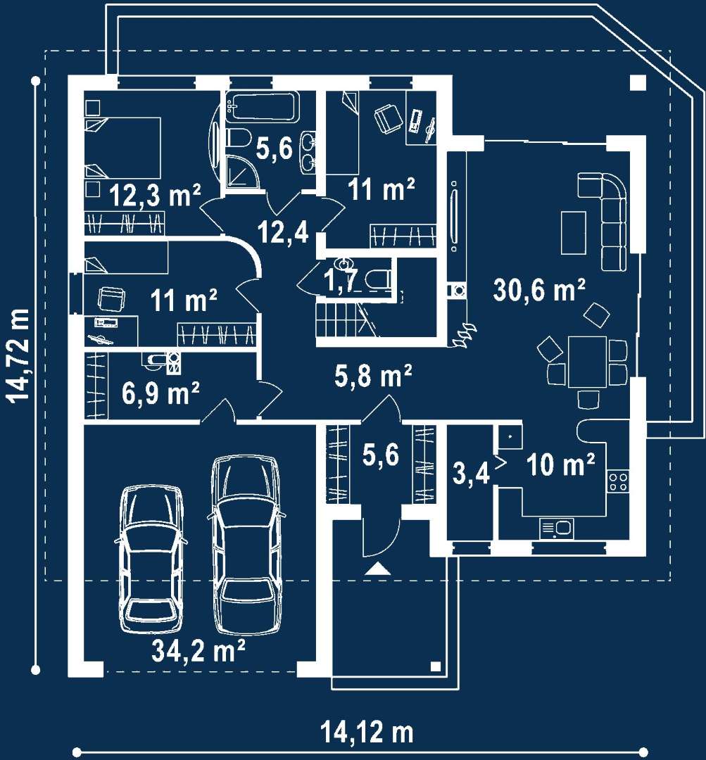 Plan parter Casă parter 105 mp utili, 3 dormitoare, o baie