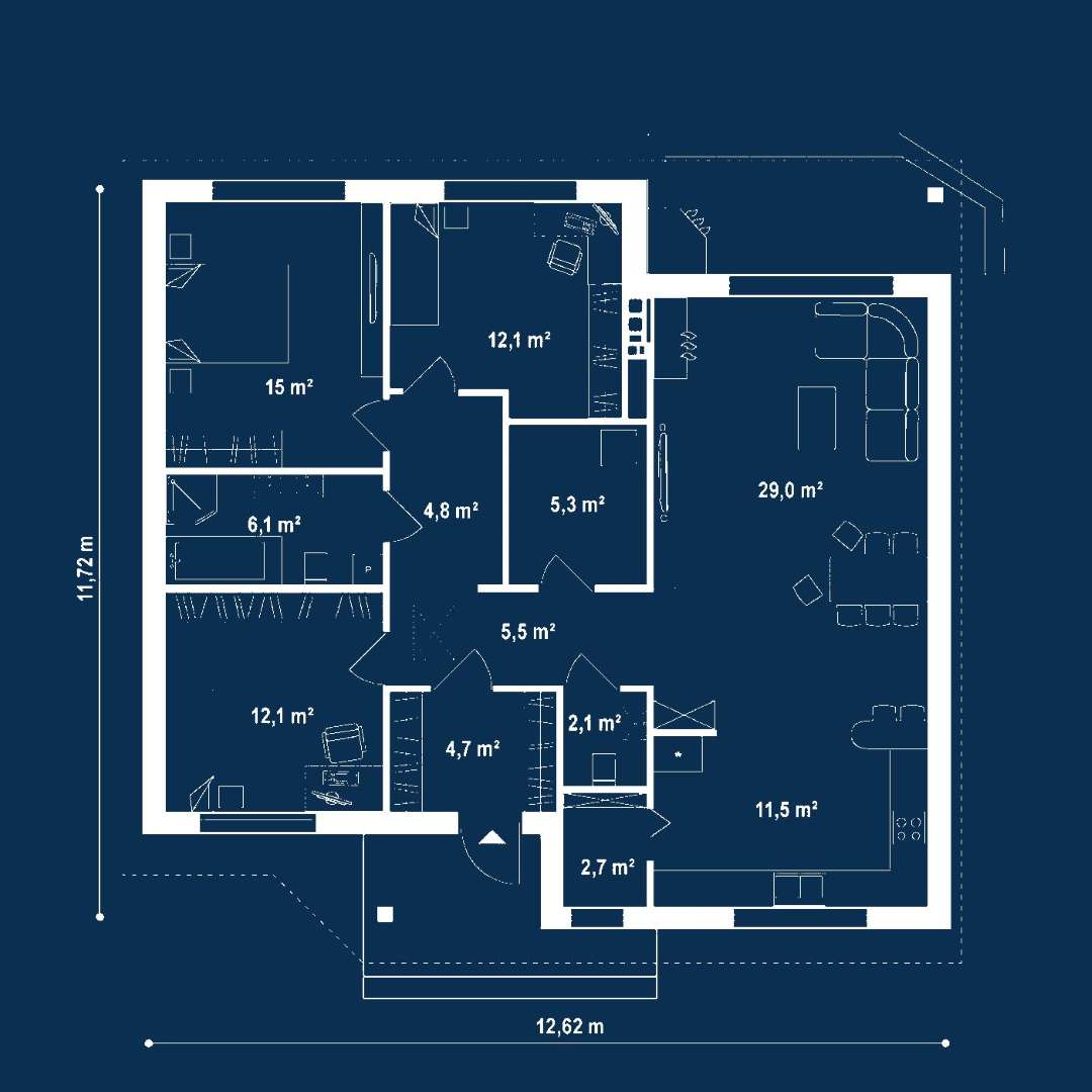 Plan parter Casă parter 105 mp utili, 3 dormitoare, o baie