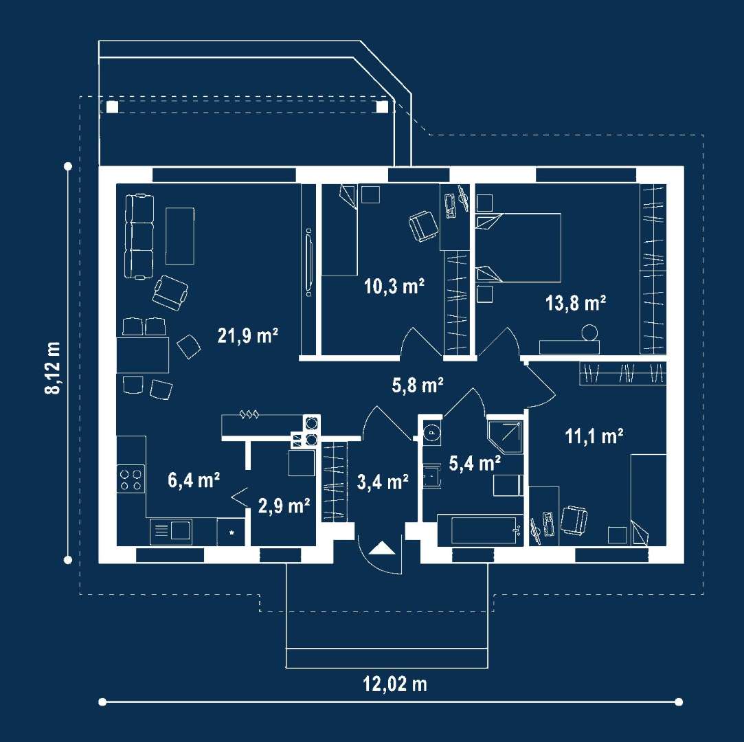 Plan parter Casă parter 78 mp utili, 3 dormitoare, o baie