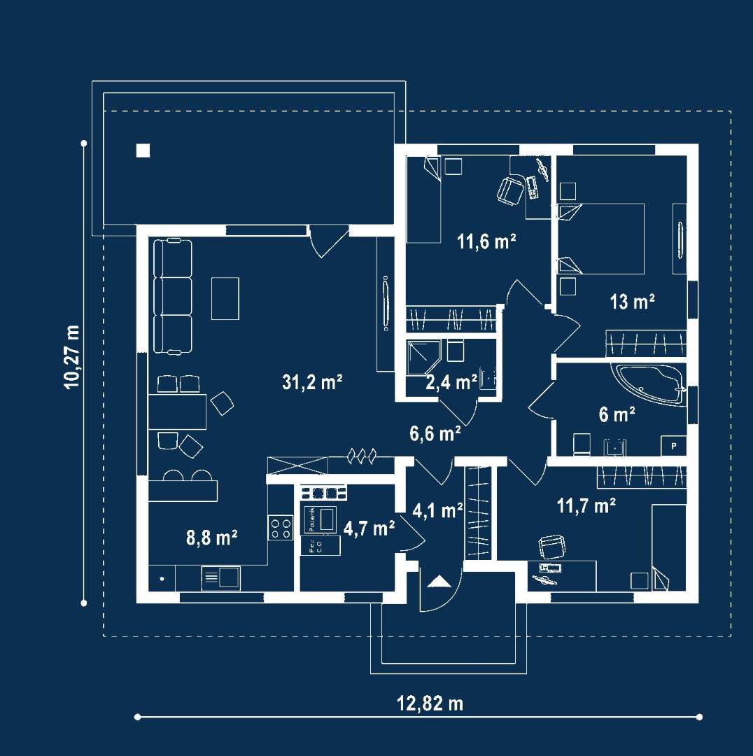 Plan parter Casă parter 95 mp utili, 3 dormitoare, 2 băi