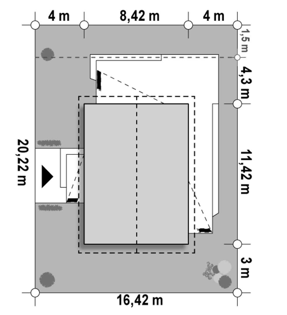 Plan amplasament Casă parter 74 mp utili, 2 dormitoare, o baie