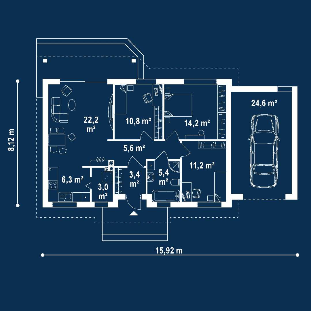 Plan parter Casă parter 79 mp utili, 3 dormitoare, o baie