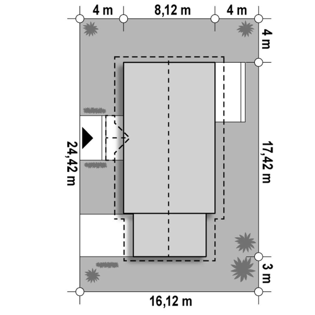 Plan amplasament Casă parter 92 mp utili, 3 dormitoare, o baie