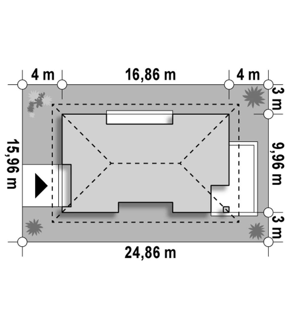 Plan amplasament Casă parter 106 mp utili, 3 dormitoare, o baie