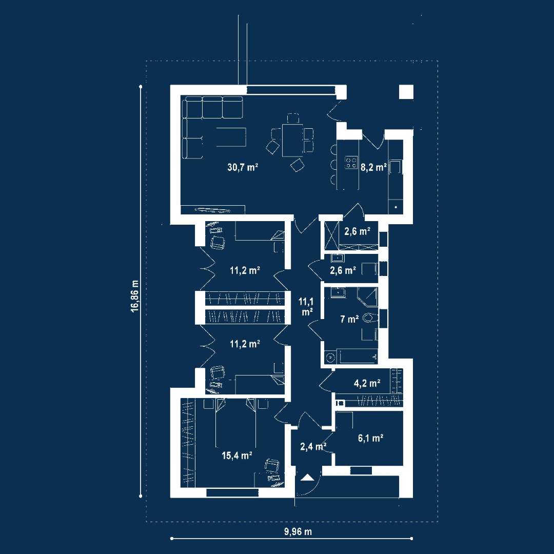 Plan parter Casă parter 106 mp utili, 3 dormitoare, o baie