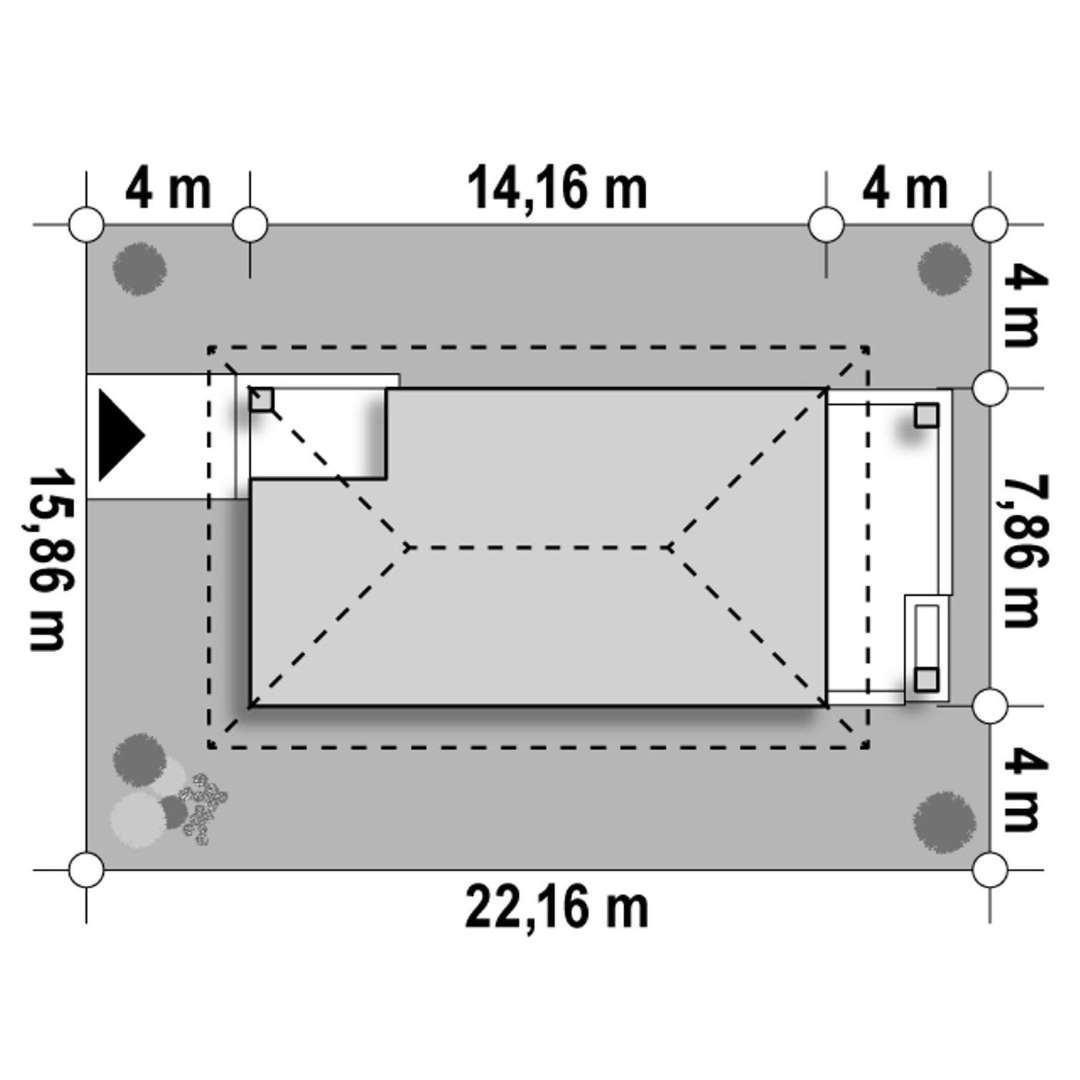 Plan amplasament Casă parter 76 mp utili, 2 dormitoare, o baie