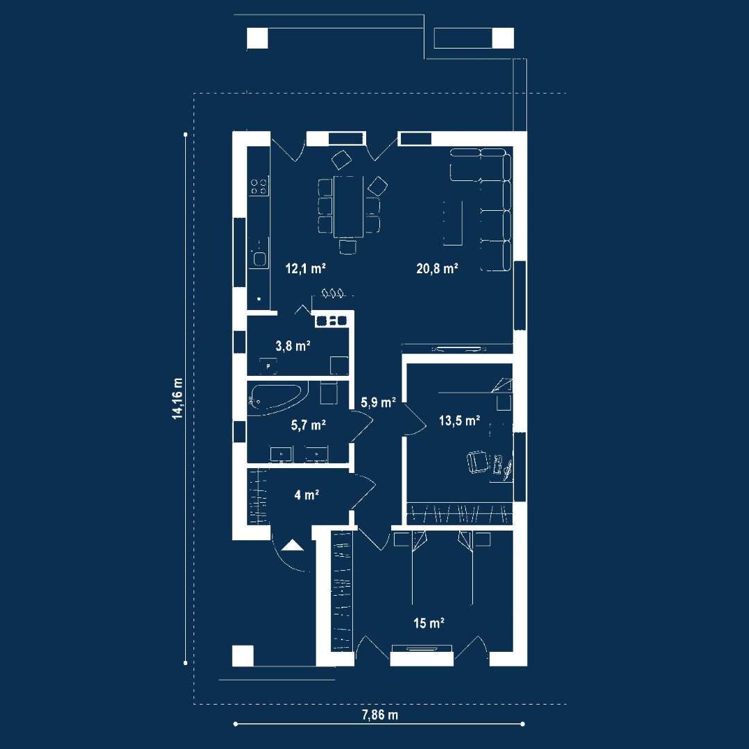 Plan parter Casă parter 76 mp utili, 2 dormitoare, o baie