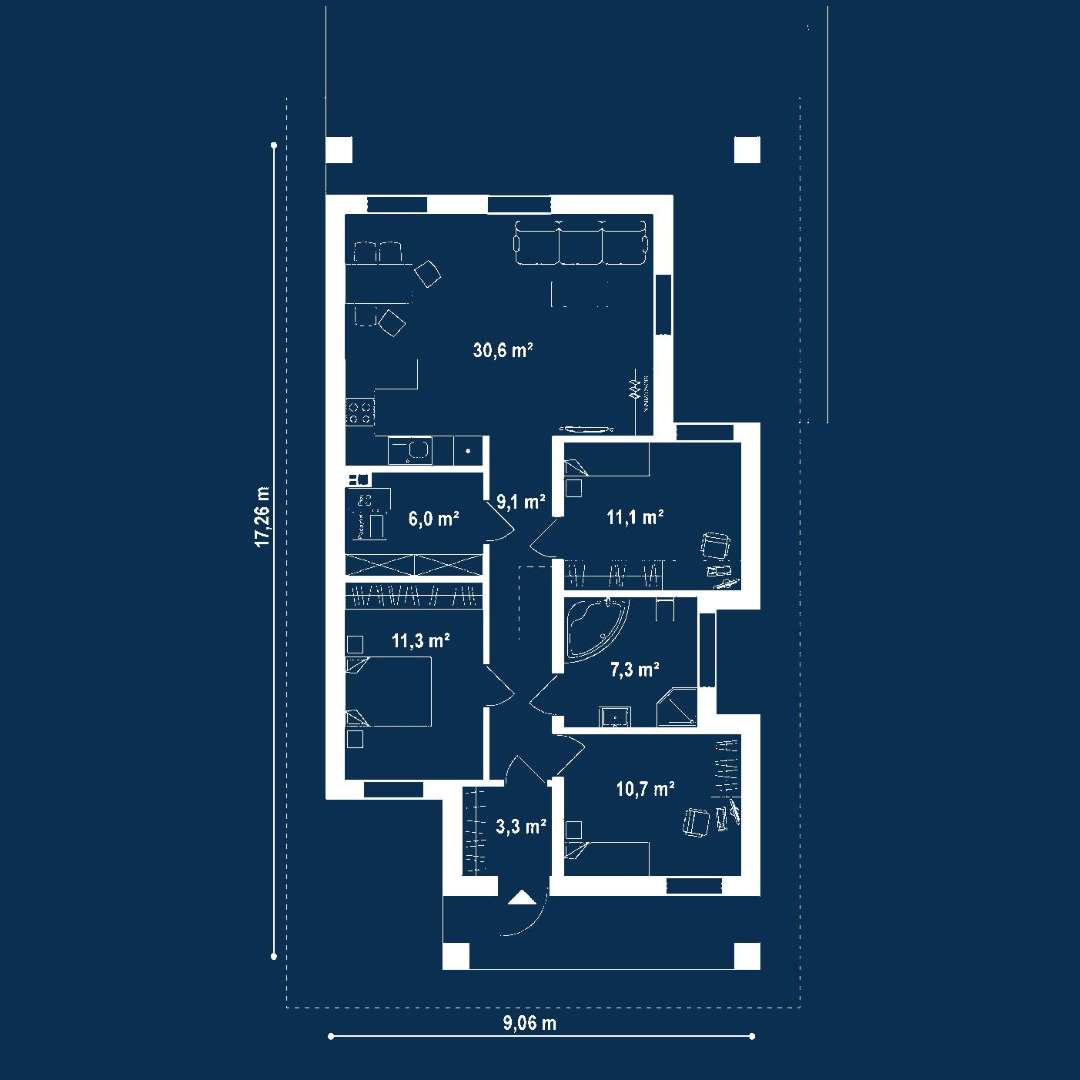 Plan parter Casă parter 83 mp utili, 3 dormitoare, o baie