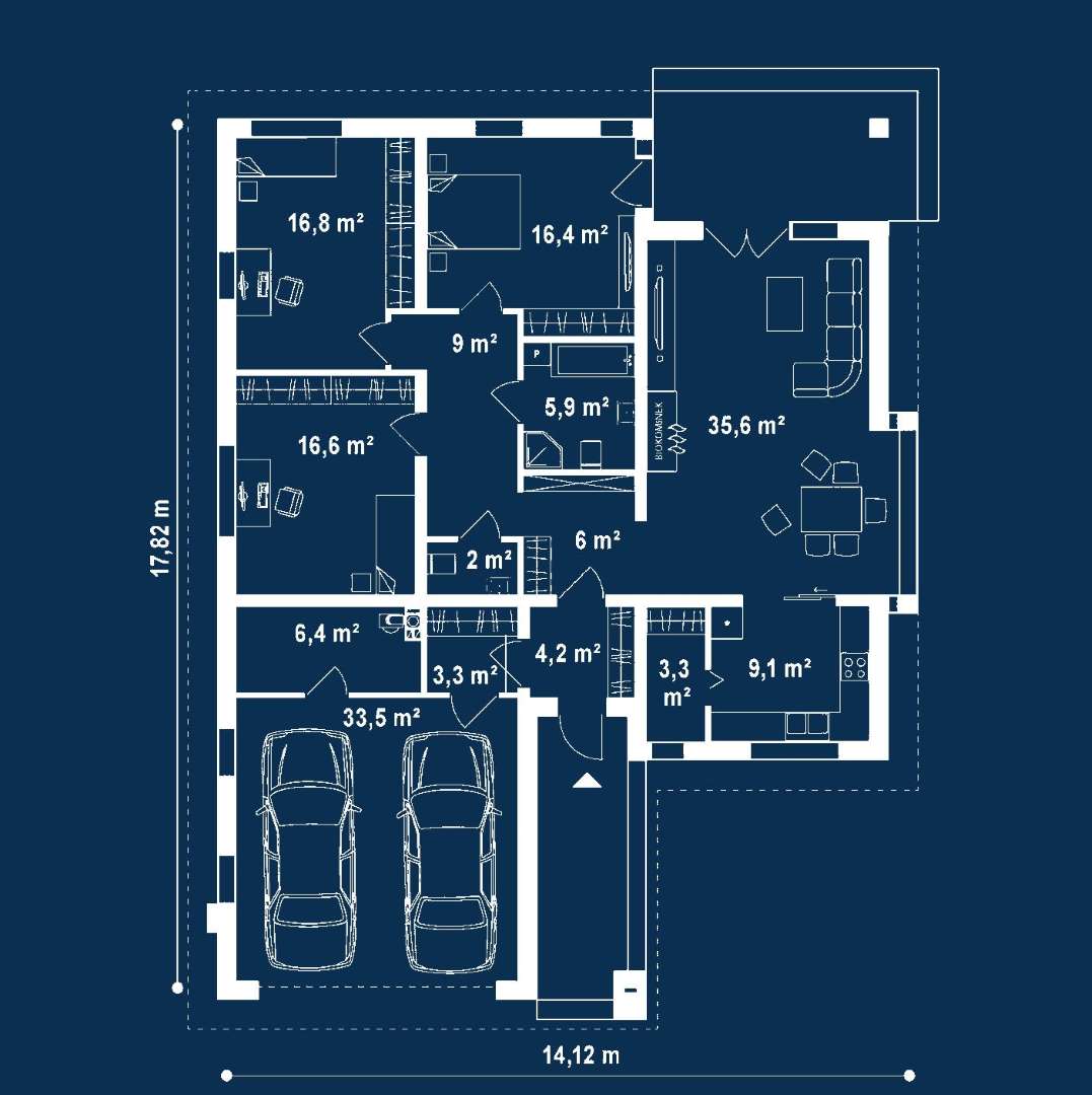 Plan parter Casă parter 128 mp utili, 3 dormitoare, o baie