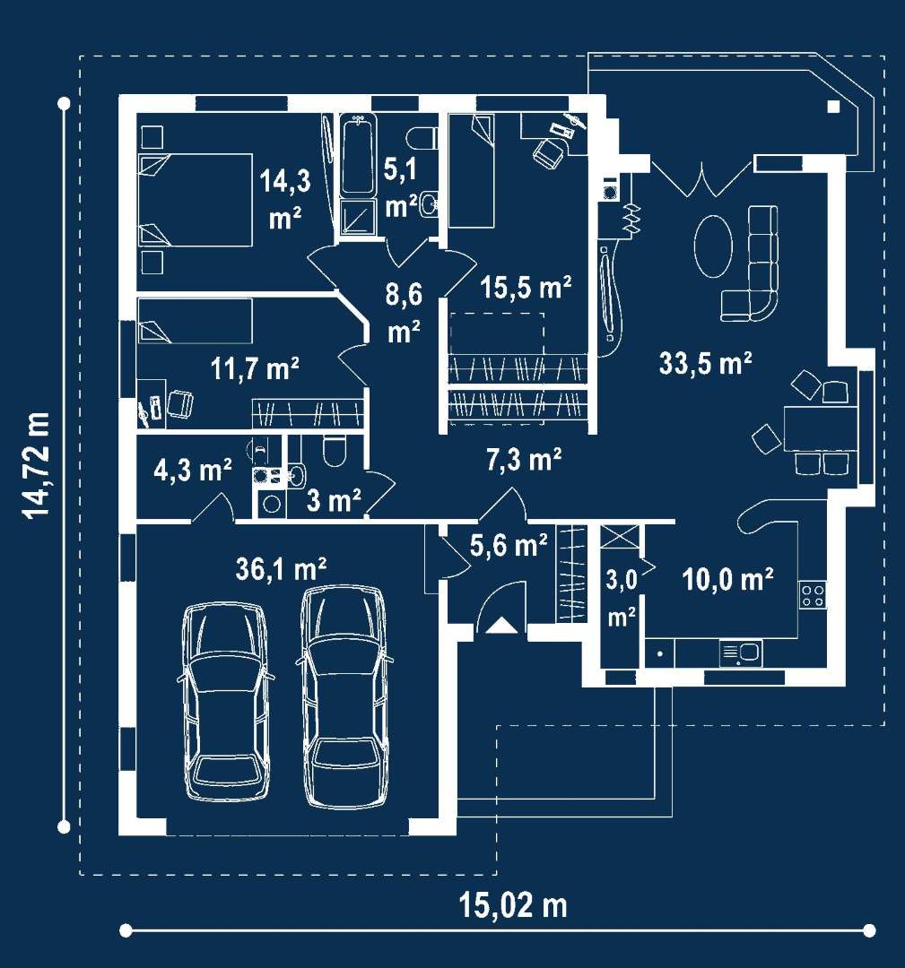 Plan parter Casă parter 117 mp utili, 3 dormitoare, o baie