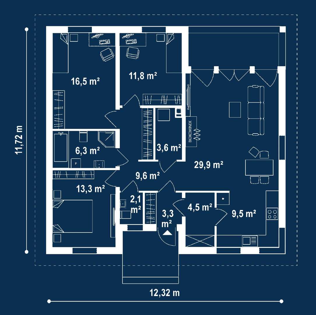Plan parter Casă parter 106 mp utili, 3 dormitoare, o baie