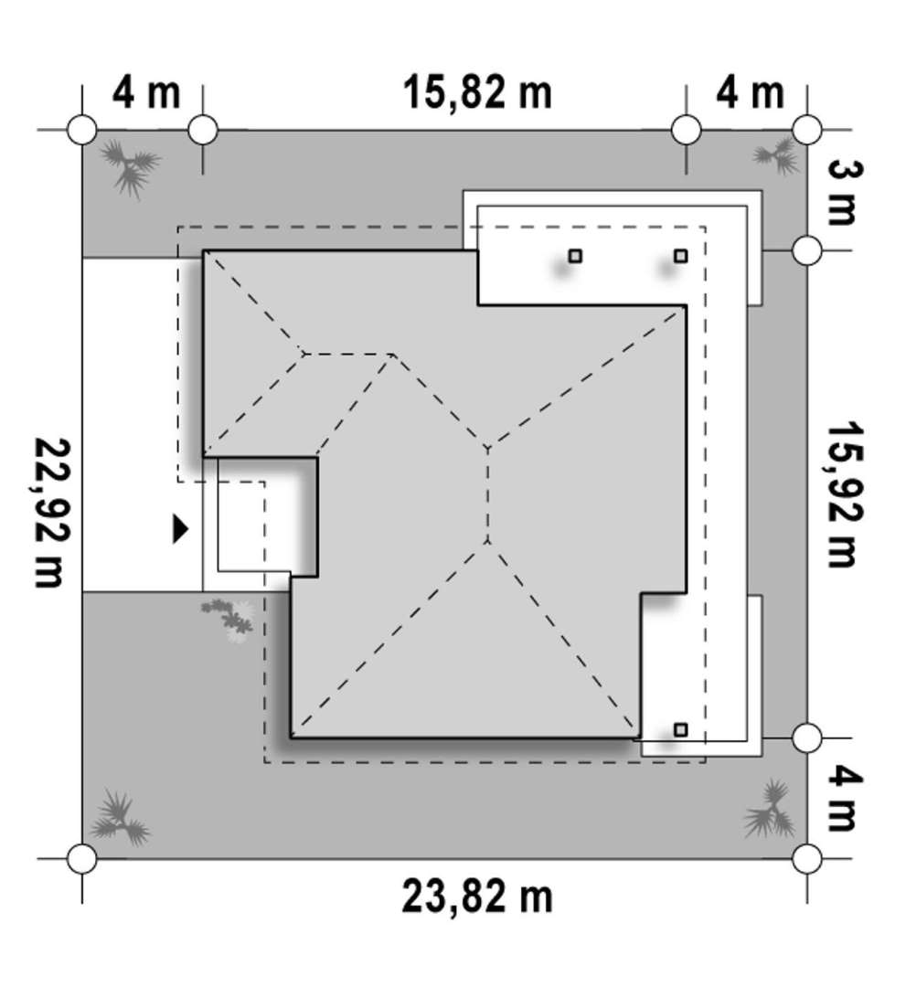 Plan amplasament Casă parter 123 mp utili, 3 dormitoare, 2 băi