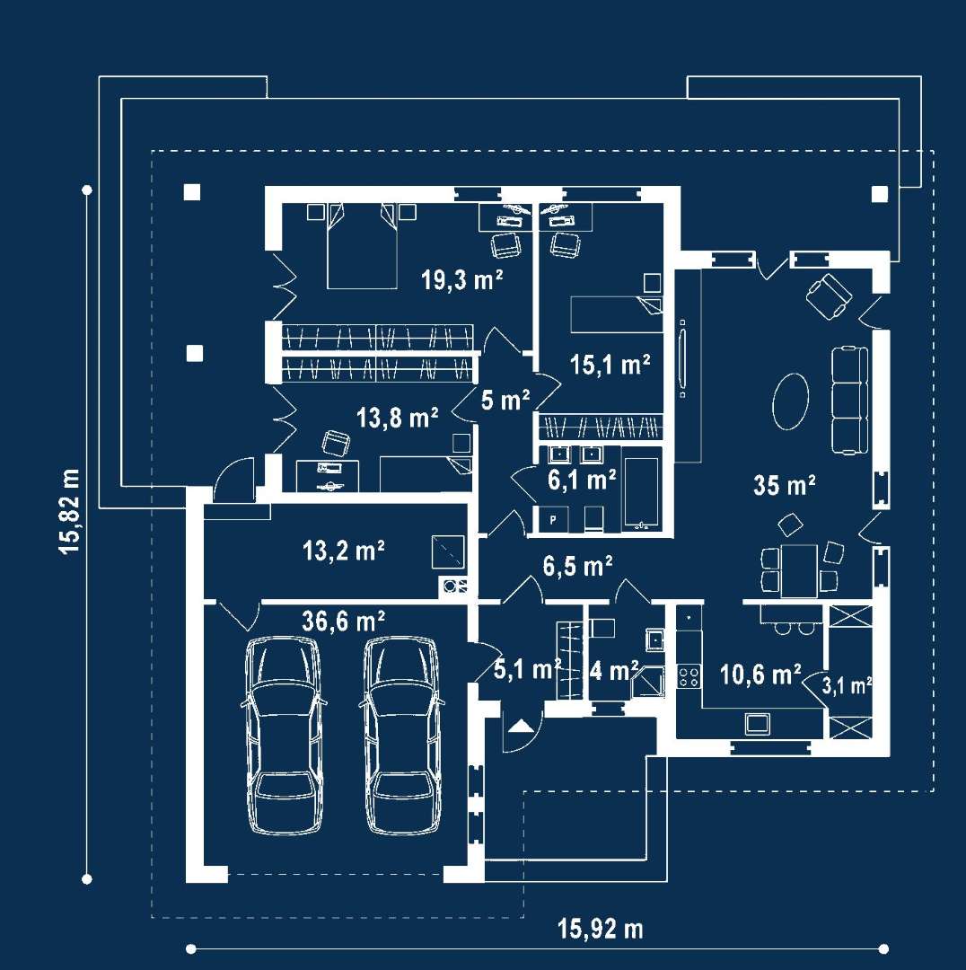 Plan parter Casă parter 123 mp utili, 3 dormitoare, 2 băi