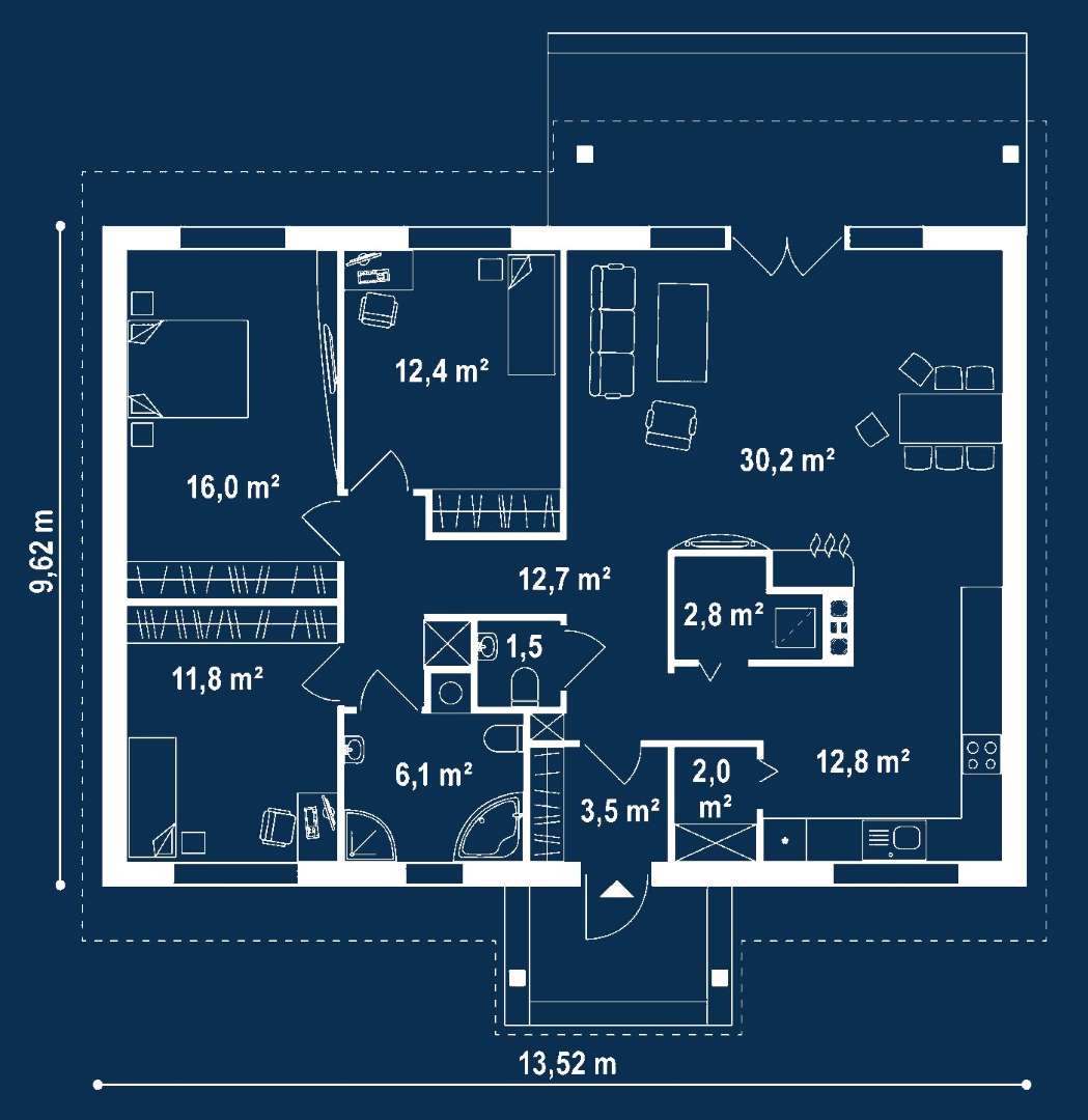 Plan parter Casă parter 109 mp utili, 3 dormitoare, o baie