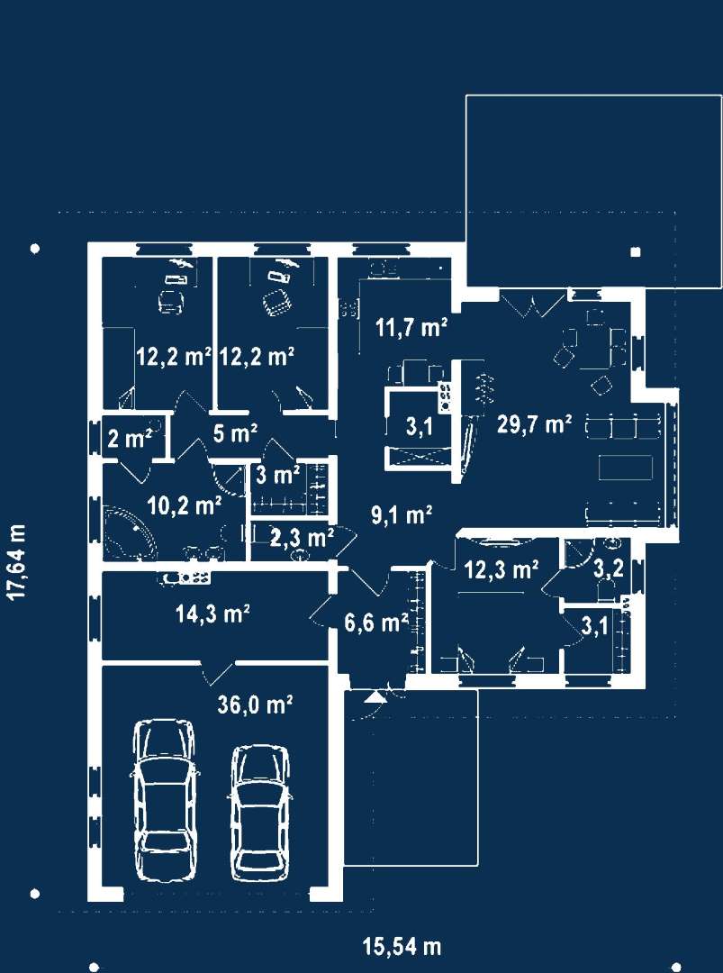 Plan parter Casă parter 126 mp utili, 3 dormitoare, o baie