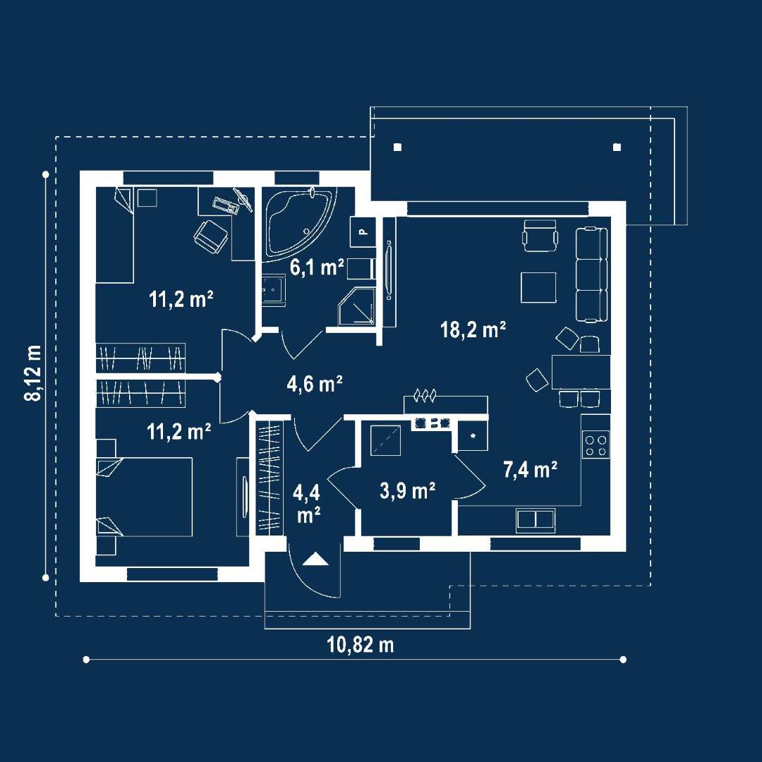 Plan parter Casă parter 63 mp utili, 2 dormitoare, o baie