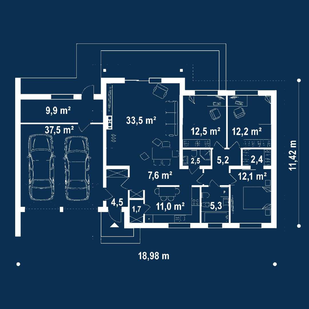Plan parter Casă parter 110 mp utili, 3 dormitoare, o baie