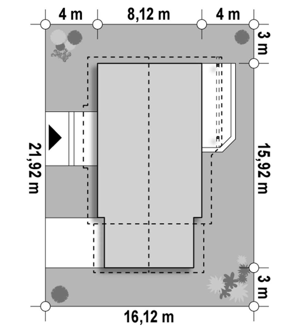 Plan amplasament Casă parter 78 mp utili, 3 dormitoare, o baie