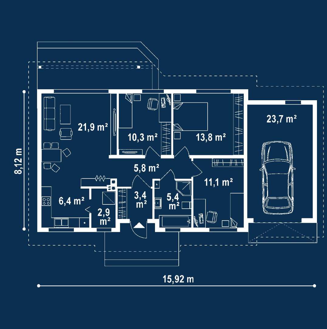 Plan parter Casă parter 78 mp utili, 3 dormitoare, o baie