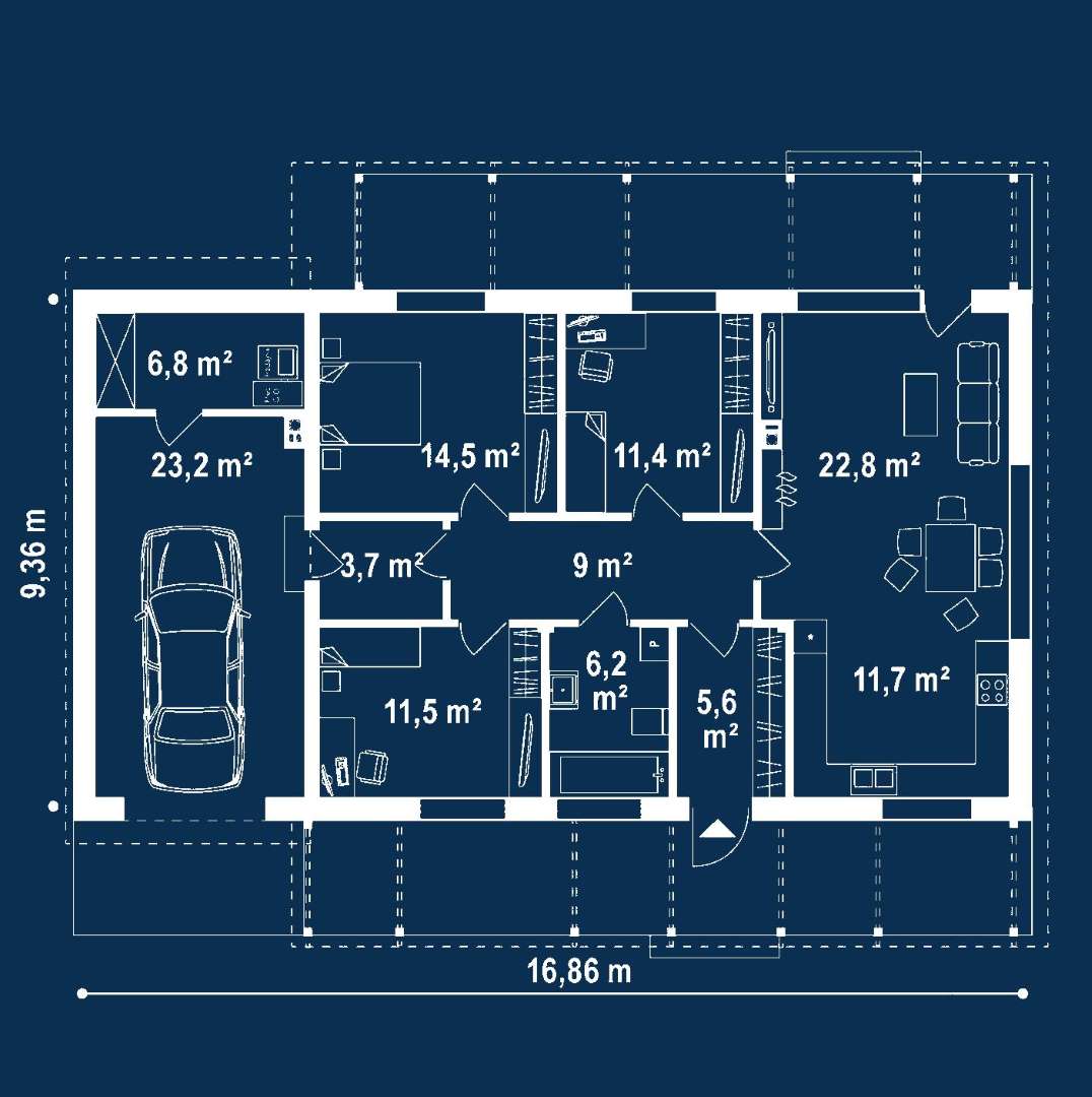 Plan parter Casă parter 96 mp utili, 3 dormitoare, o baie