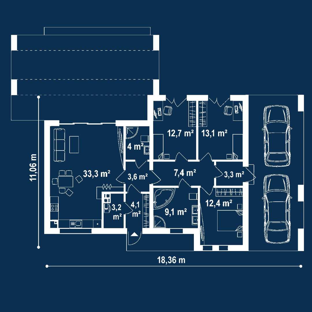 Plan parter Casă parter 103 mp utili, 3 dormitoare, o baie