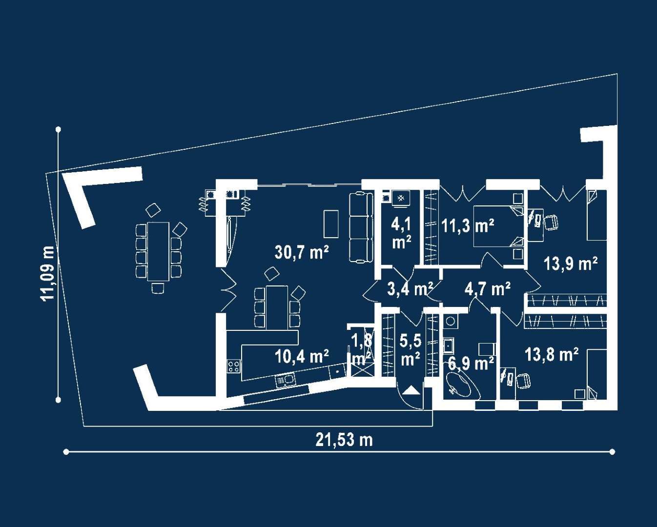 Plan parter Casă parter 106 mp utili, 3 dormitoare, o baie
