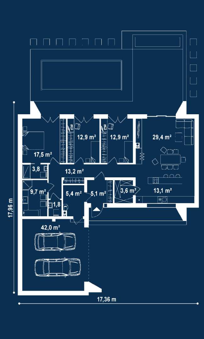 Plan parter Casă parter 123 mp utili, 3 dormitoare, 2 băi