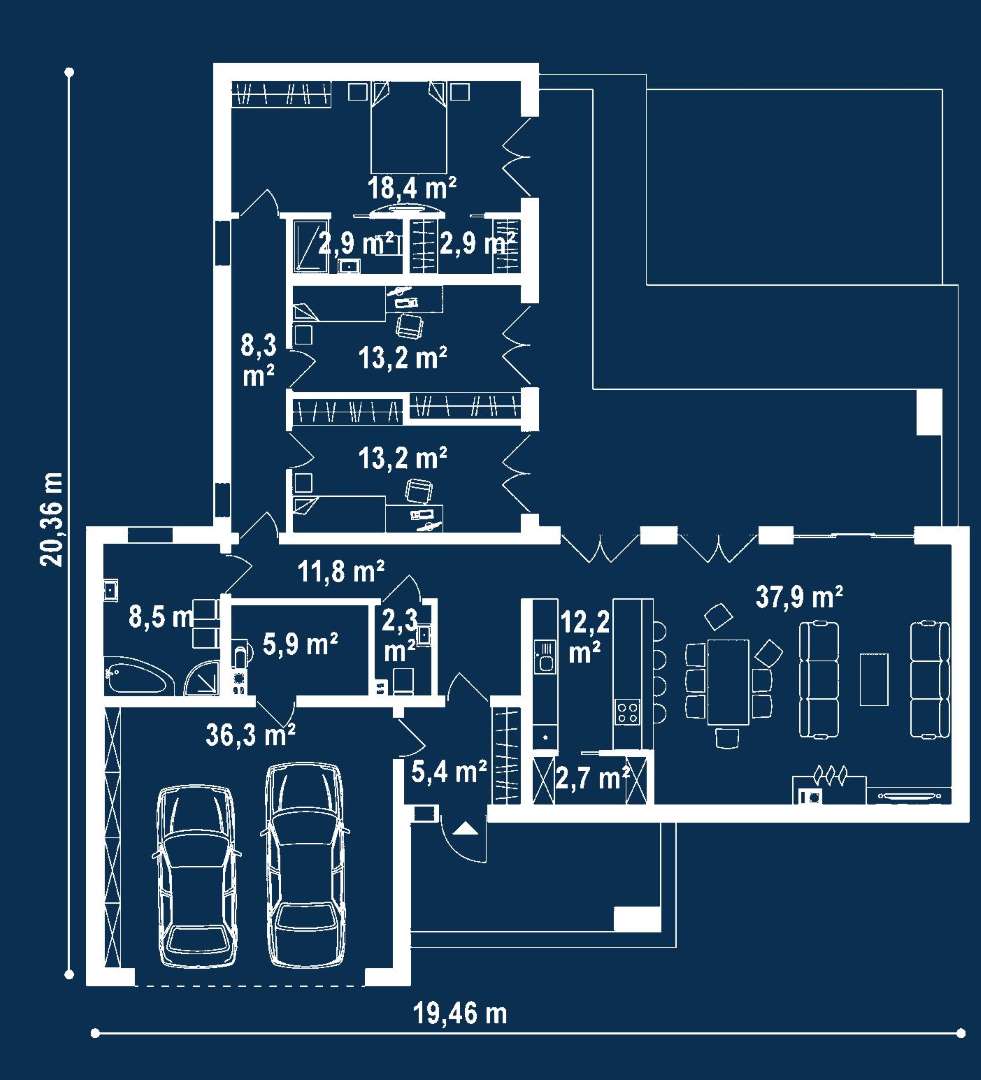 Plan parter Casă parter 138 mp utili, 3 dormitoare, 2 băi