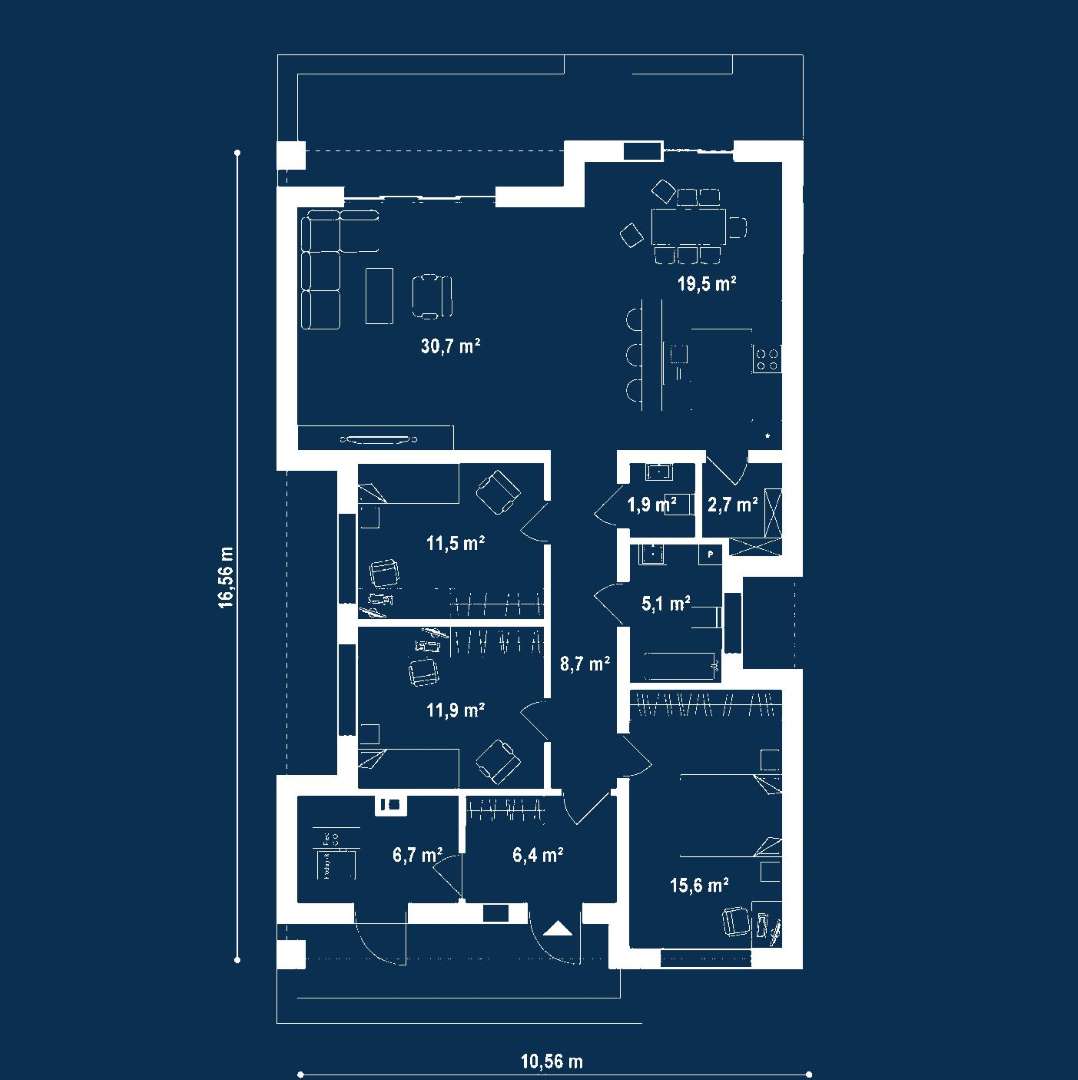 Plan parter Casă parter 114 mp utili, 3 dormitoare, o baie