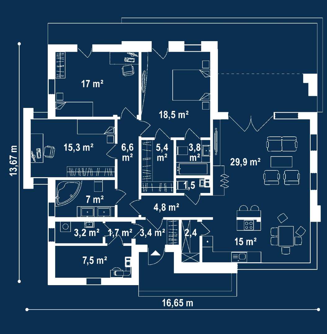 Plan parter Casă parter 135 mp utili, 3 dormitoare, 2 băi
