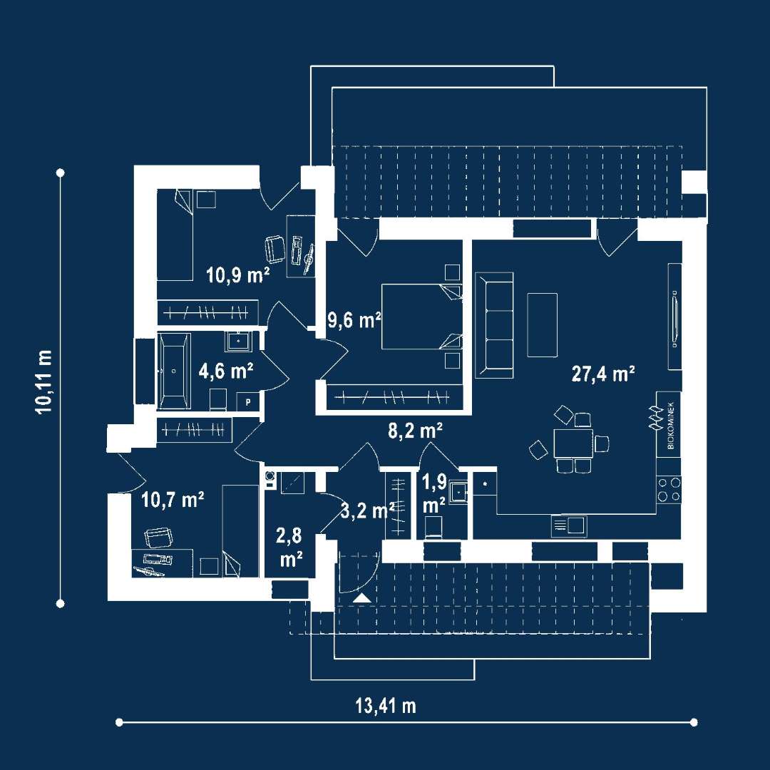 Plan parter Casă parter 76 mp utili, 3 dormitoare, o baie
