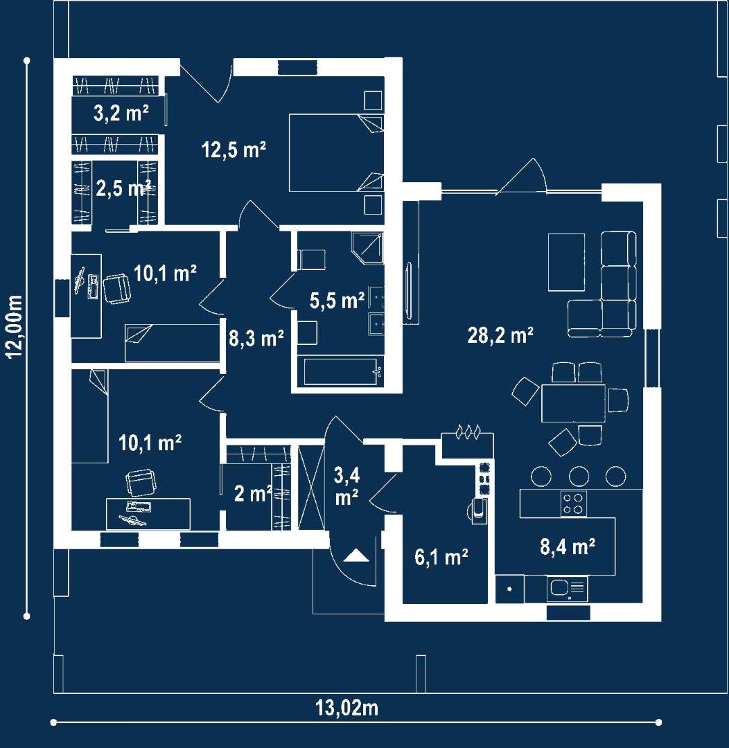 Plan parter Casă parter 100 mp utili, 3 dormitoare, o baie