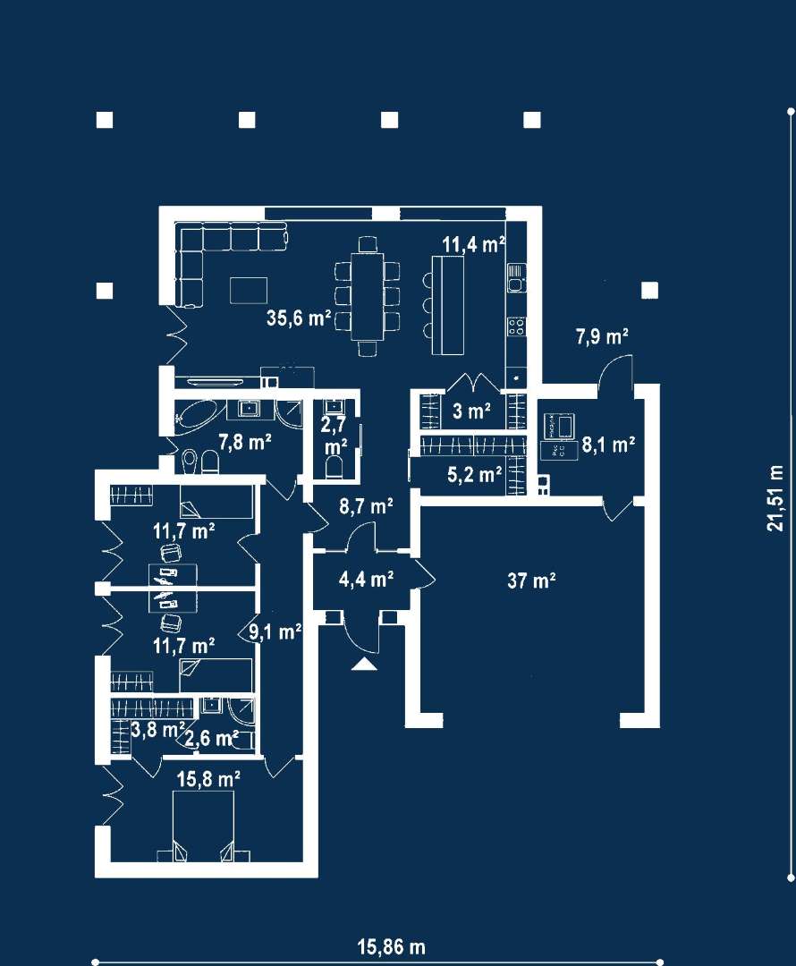 Plan parter Casă parter 133 mp utili, 3 dormitoare, 2 băi