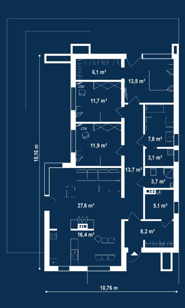 Plan parter Casă parter 129 mp utili, 3 dormitoare, 2 băi