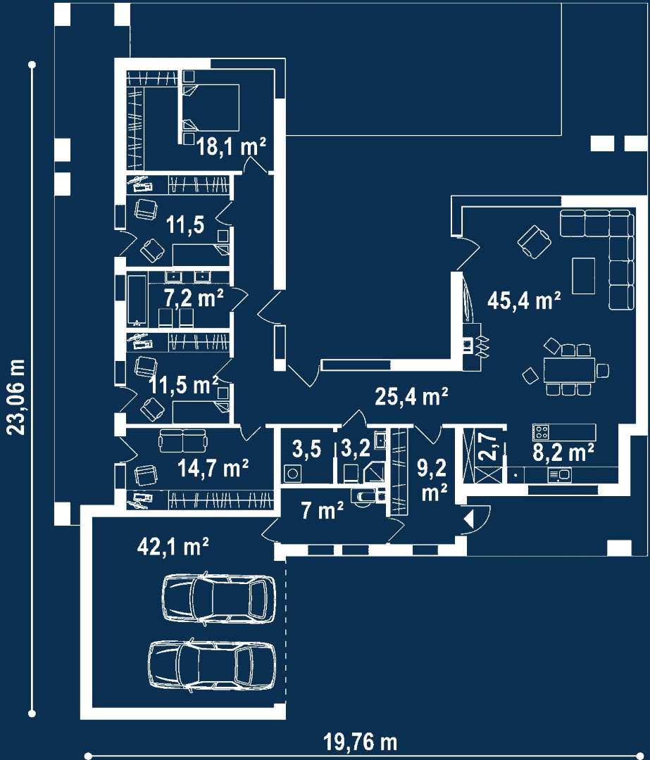 Plan parter Casă parter 166 mp utili, 3 dormitoare, 2 băi