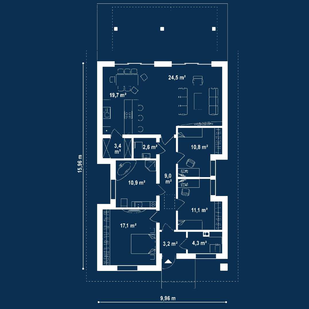 Plan parter Casă parter 112 mp utili, 3 dormitoare, o baie