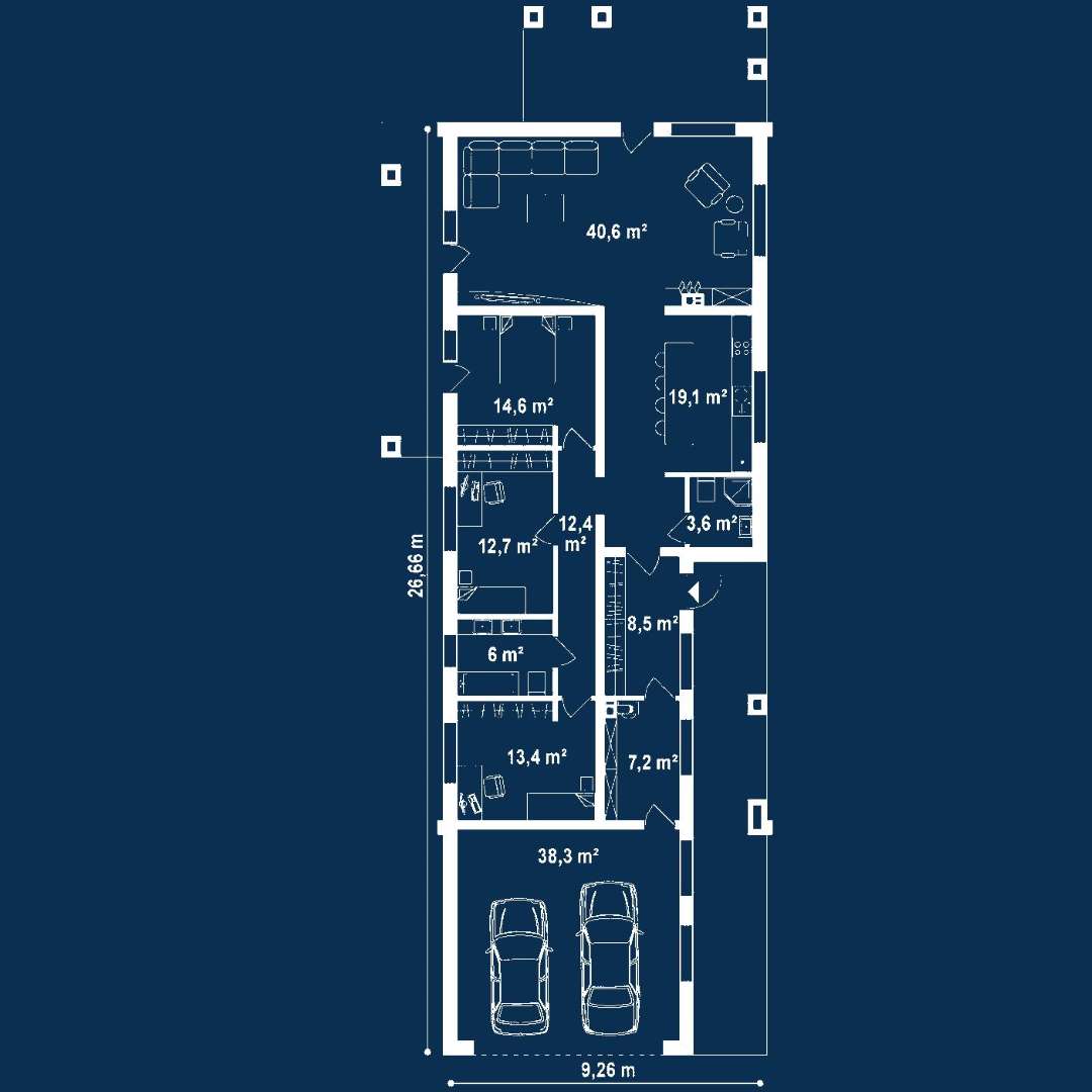 Plan parter Casă parter 138 mp utili, 3 dormitoare, o baie