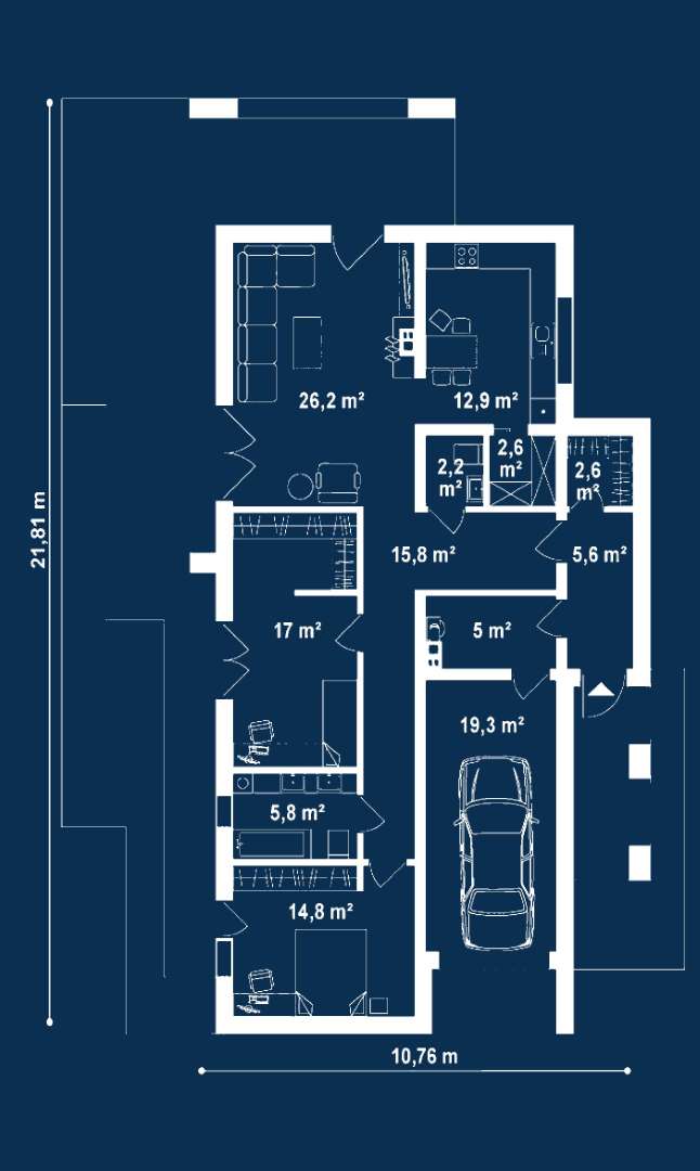 Plan parter Casă parter 105 mp utili, un dormitor, o baie