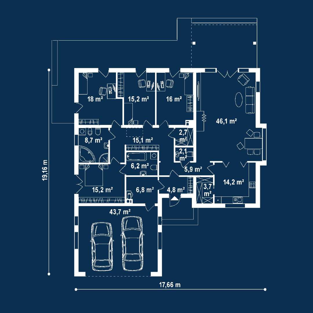 Plan parter Casă parter 173 mp utili, 4 dormitoare, 2 băi