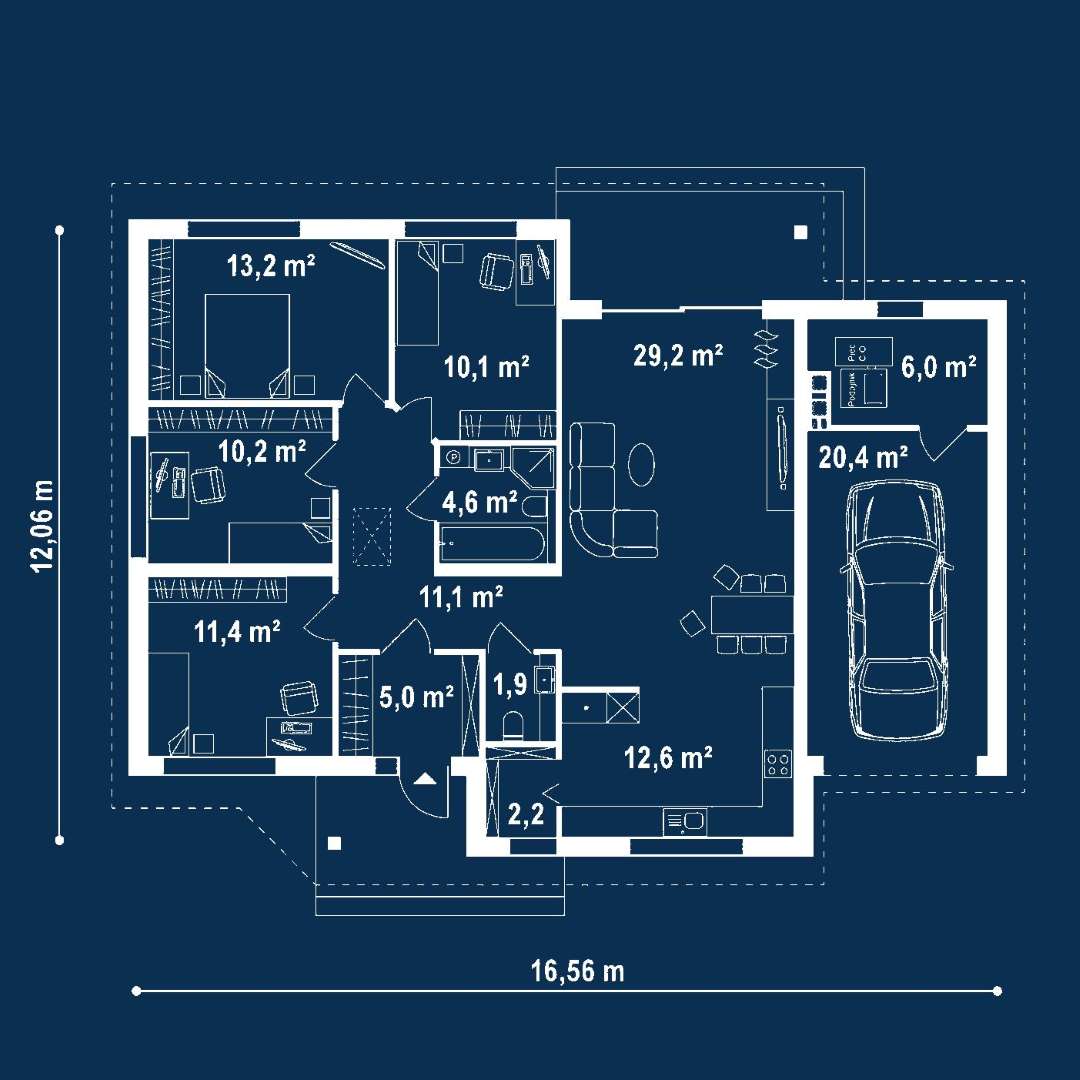 Plan parter Casă parter 110 mp utili, 4 dormitoare, o baie