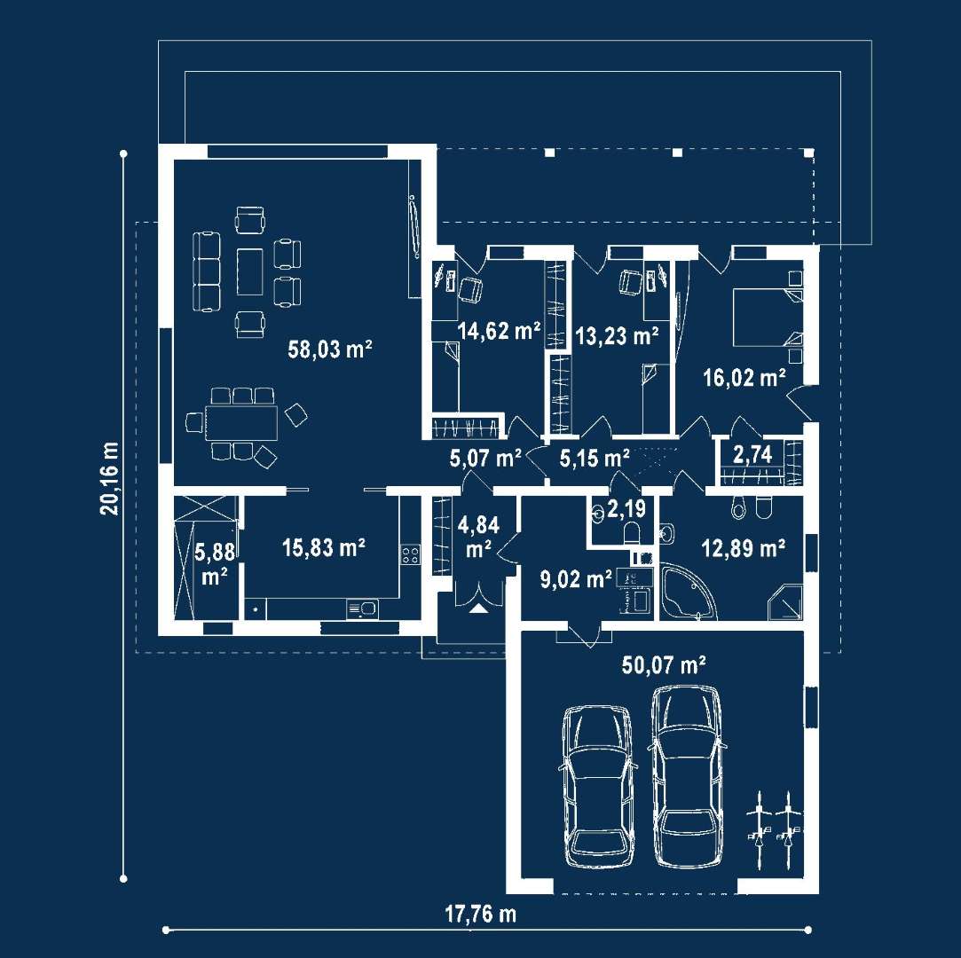 Plan parter Casă parter 156 mp utili, 3 dormitoare, o baie