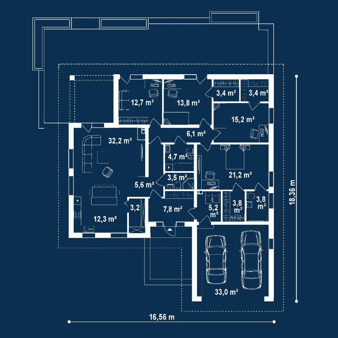 Plan parter Casă parter 152 mp utili, 4 dormitoare, 3 băi