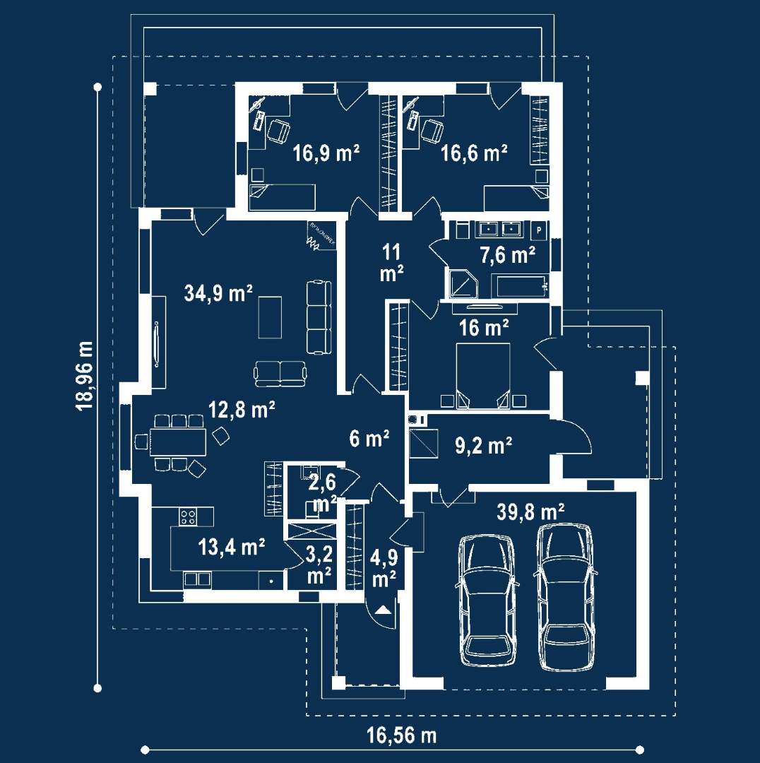 Plan parter Casă parter 145 mp utili, 3 dormitoare, o baie