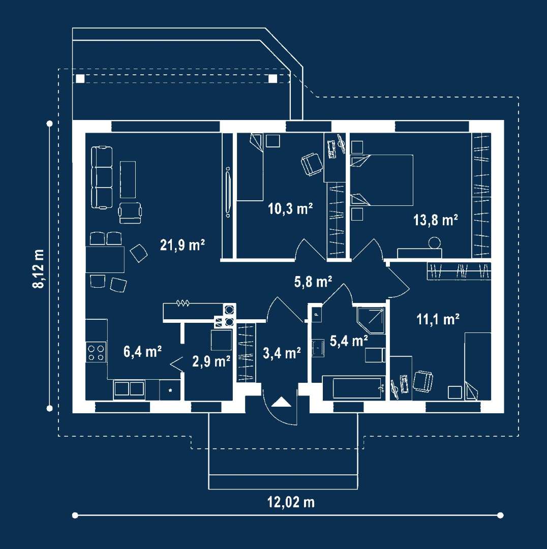 Plan parter Casă parter 78 mp utili, 3 dormitoare, o baie