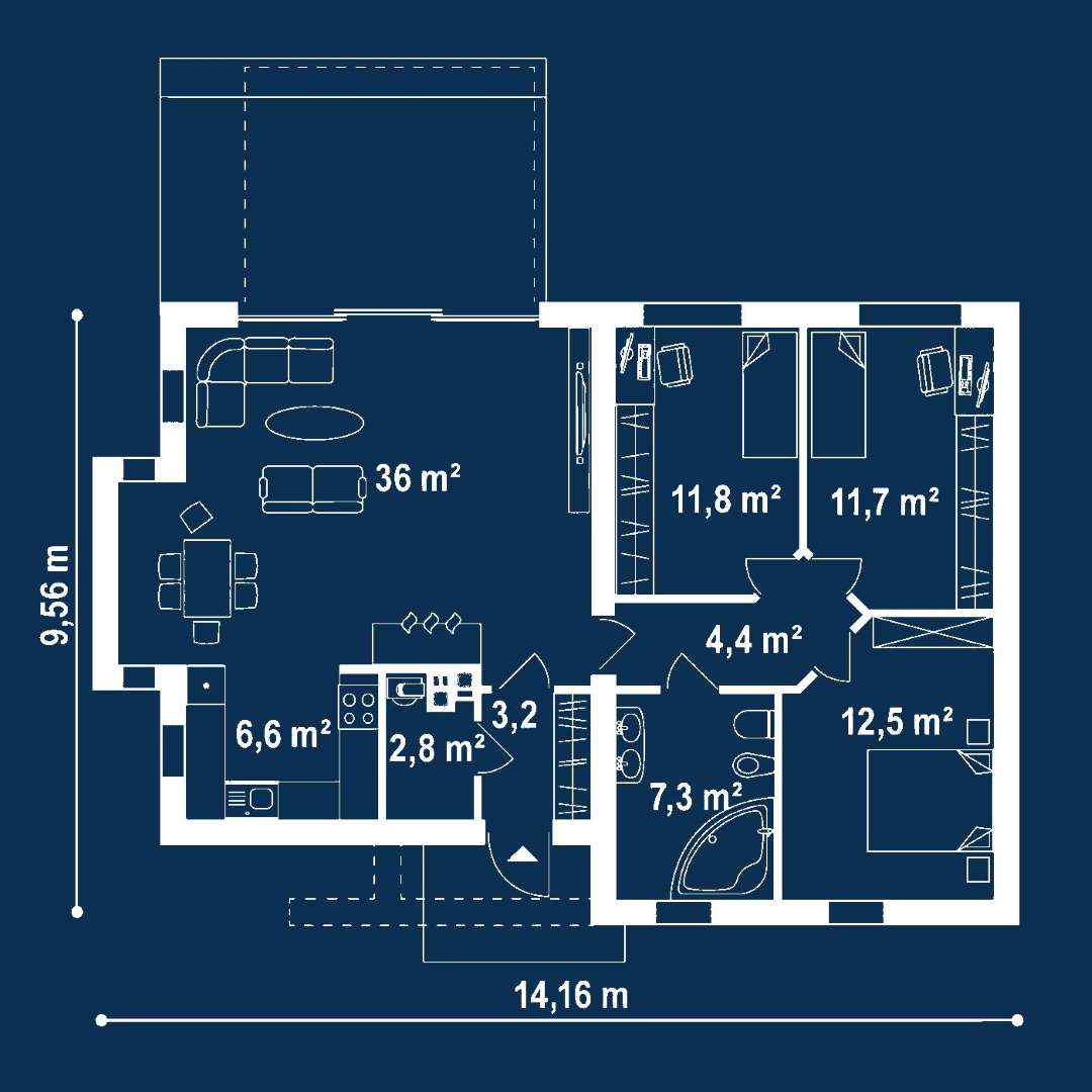Plan parter Casă parter 96 mp utili, 3 dormitoare, o baie